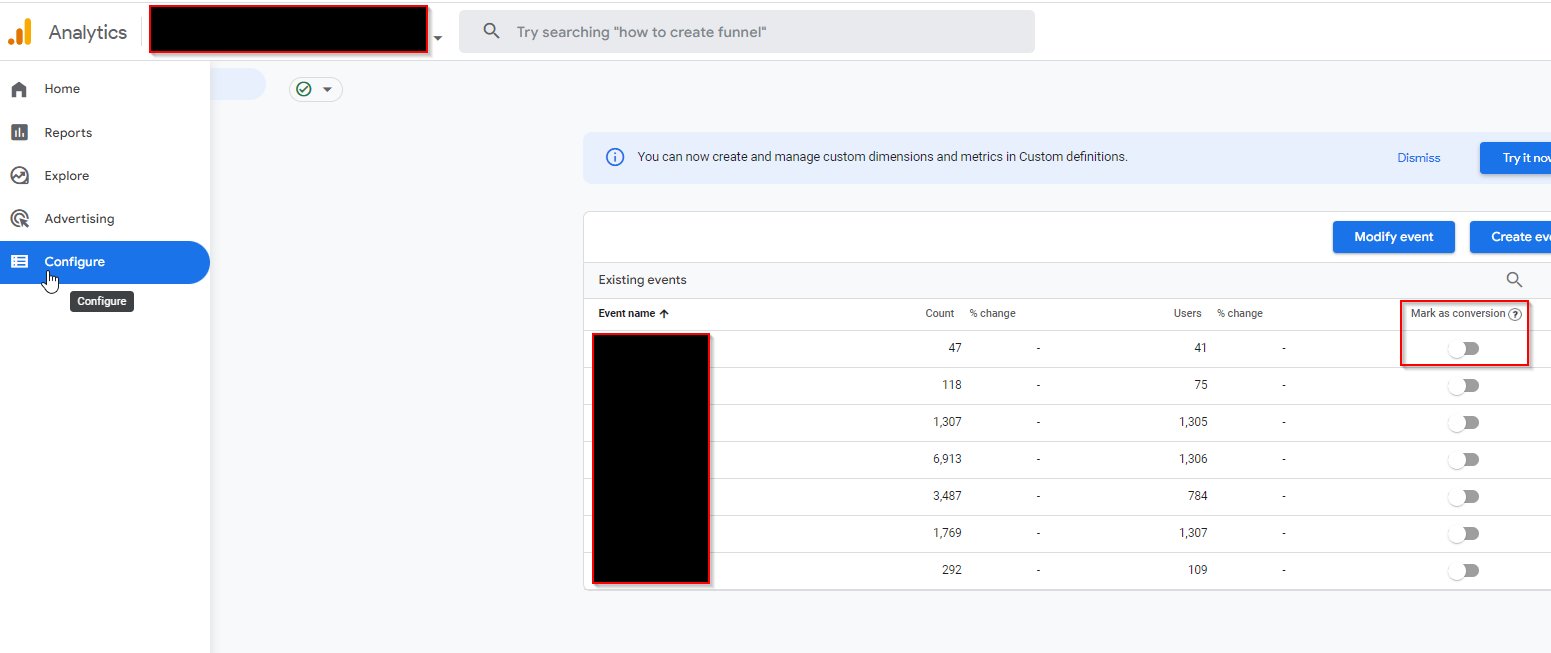 Configure Events and Toggle Conversions GA4