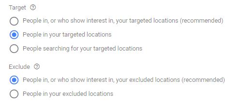 Google Ads Location Target Settings