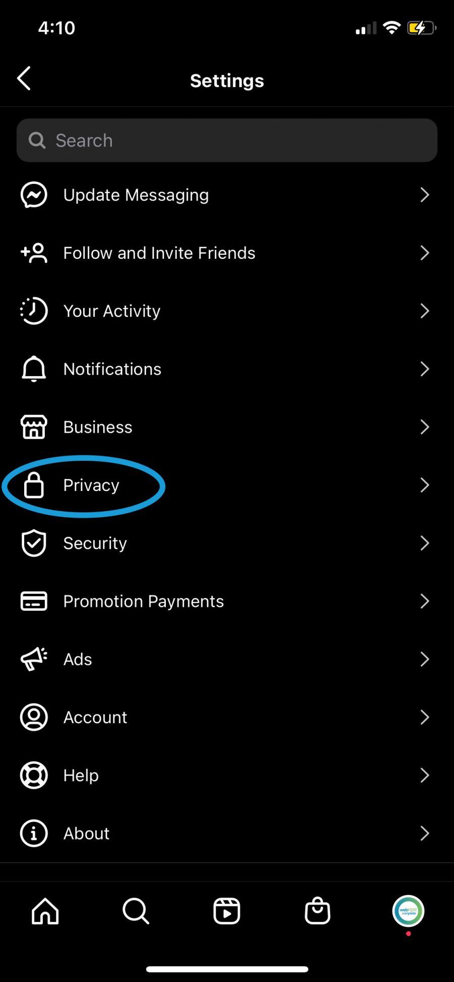 How to hide others like counts on instagram step one with the privacy setting circled in your settings tab