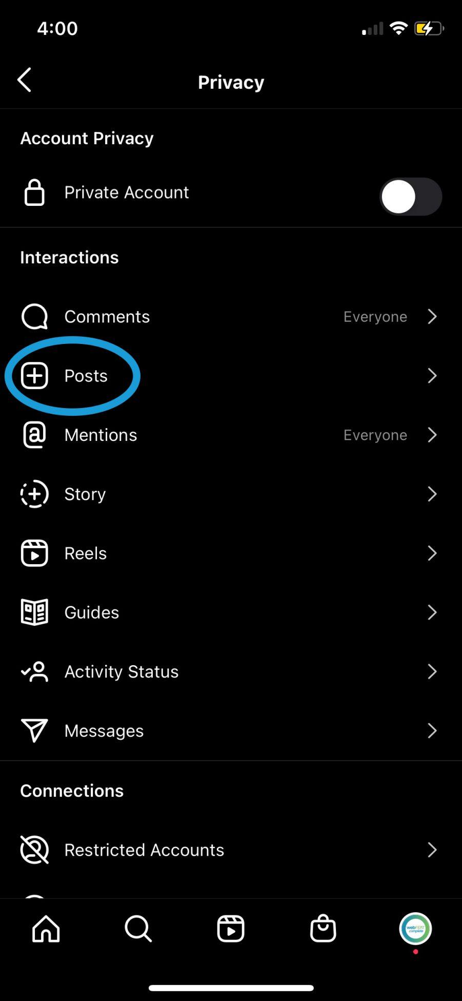 How to hide others like count on instagram step two with the posts option circled in the privacy tab of your settings