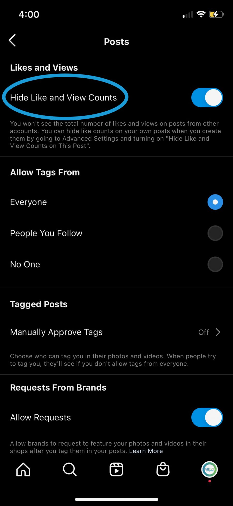 How to hide others like counts on instagram step 3 with the option to hide like count circled