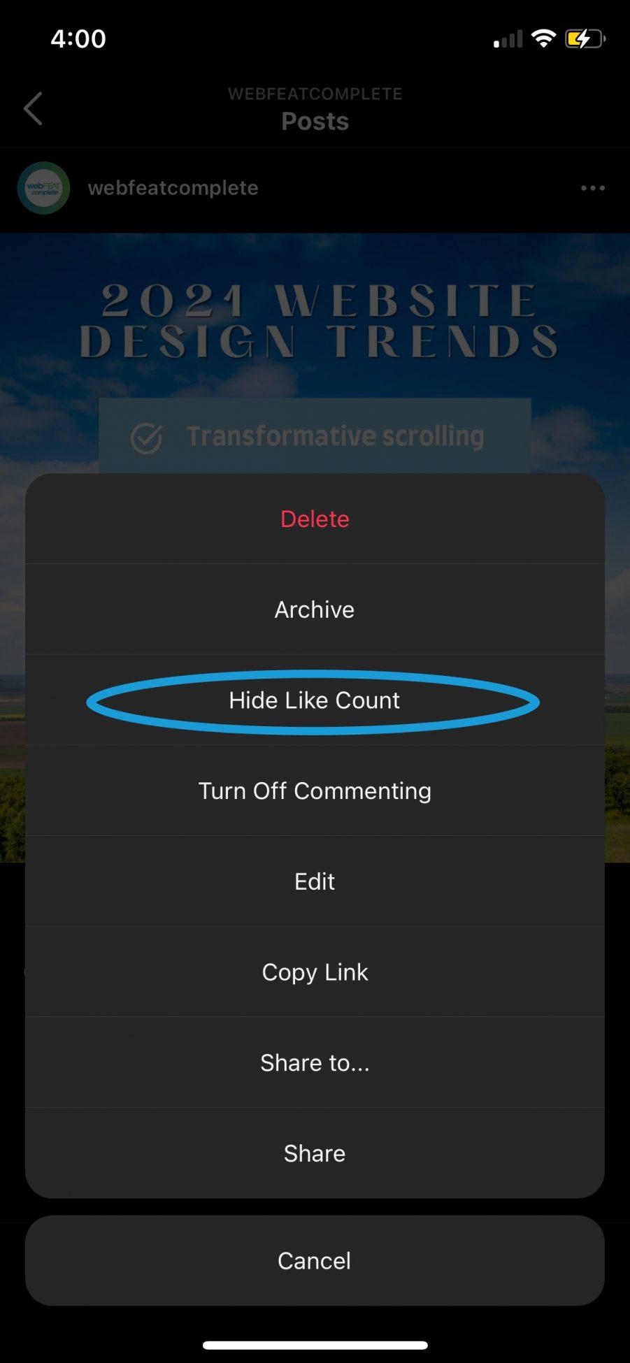 How to hide your like counts on instagram step two showing "Hide like count" circled