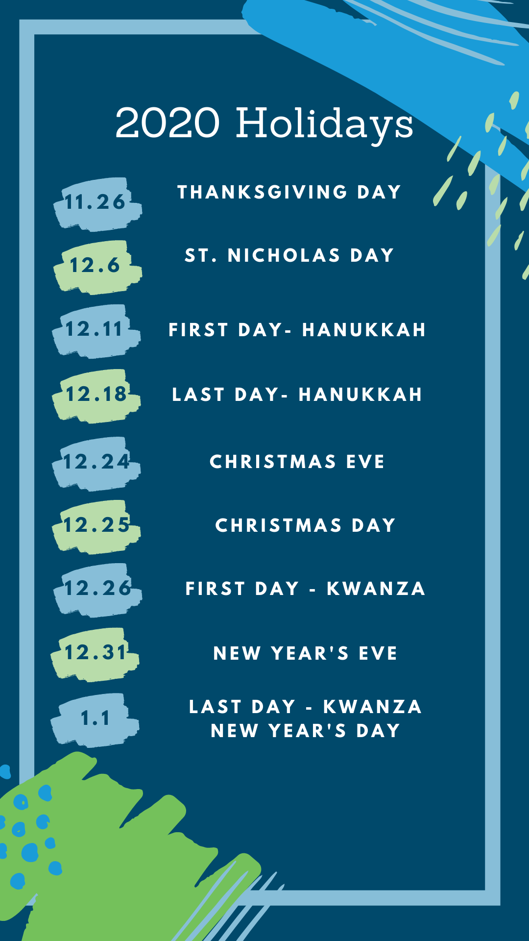2020 holidays schedule