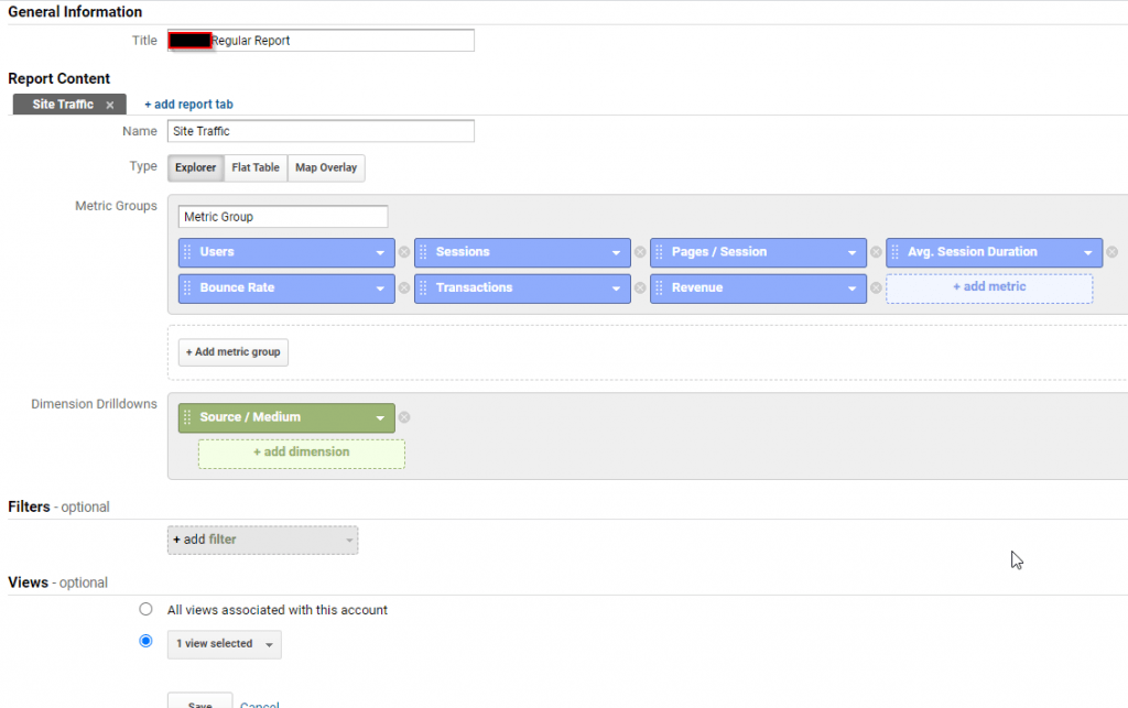 Google Analytics Custom Report Settings Example