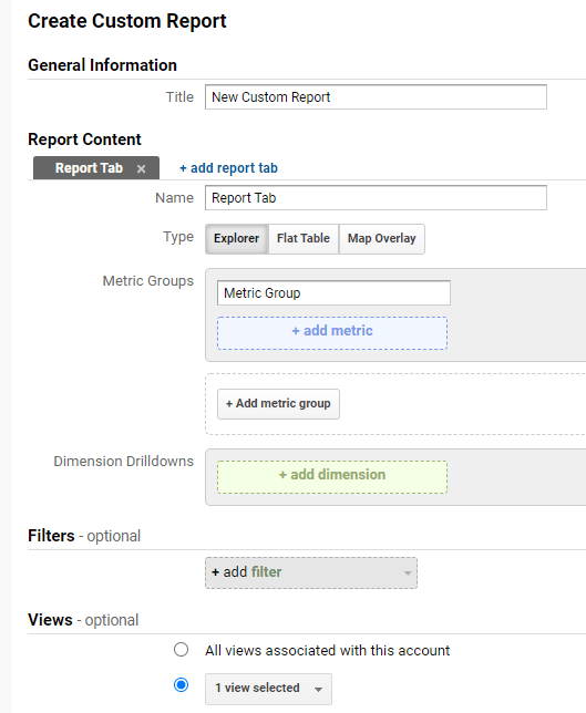 Google Analytics Custom Report Settings