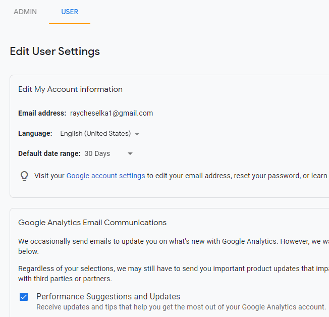 Google Analytics Admin User Settings Tab
