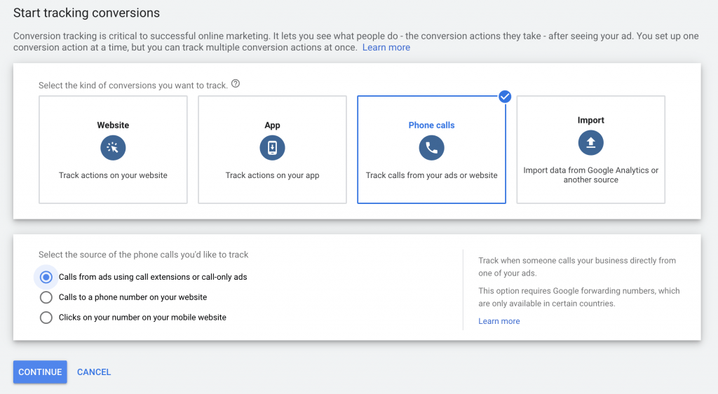 how to setup call from ads tracking