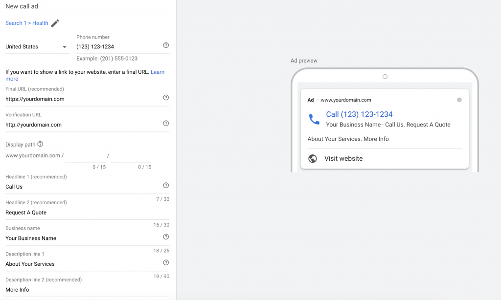 how to create a Google call ad