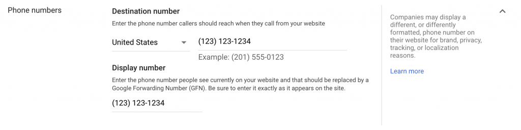 google destination and display numbers