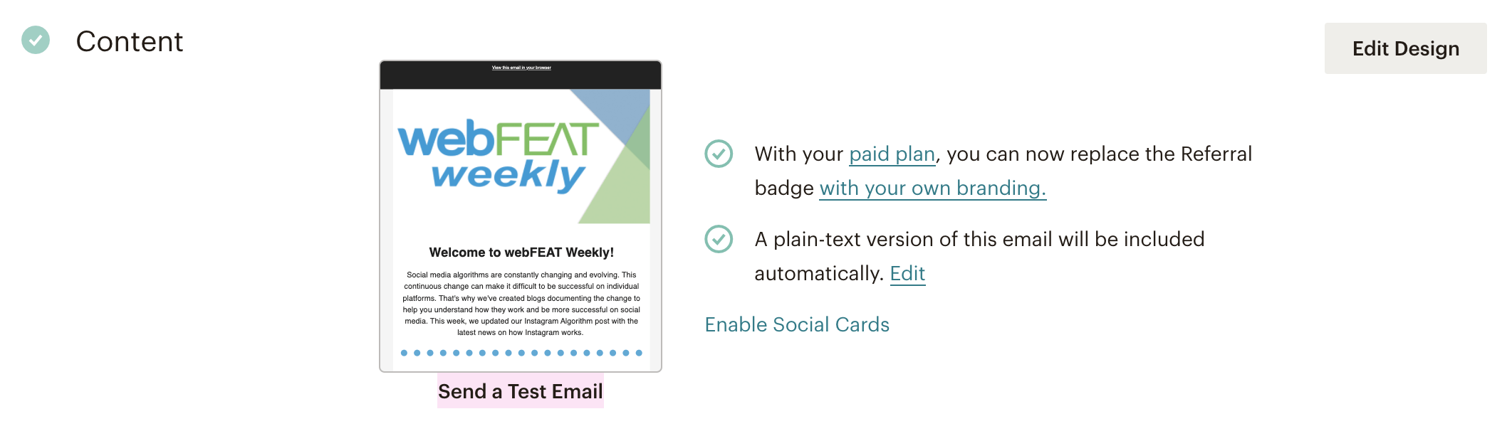 Mailchimp send test email screen