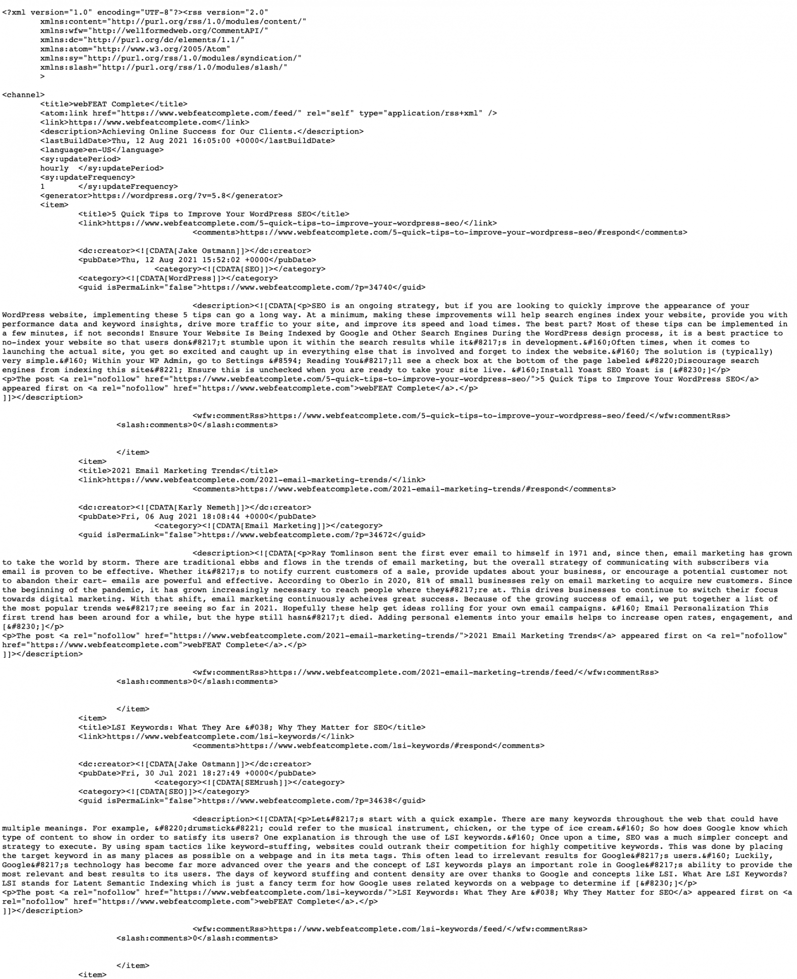 Screenshot of webFEAT Complete's RSS feed