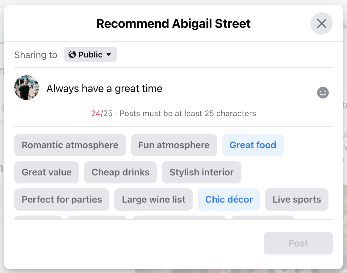 Facebook new review window