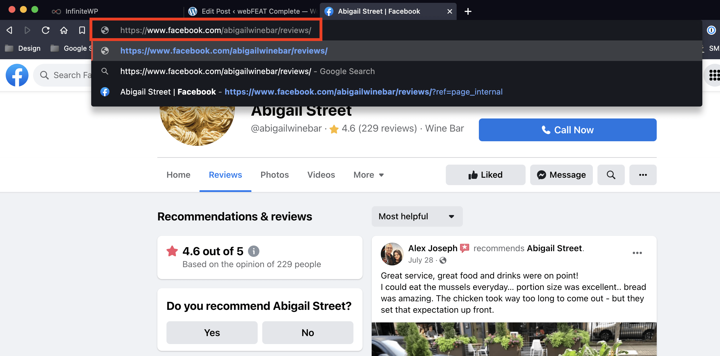 Facebook review URL